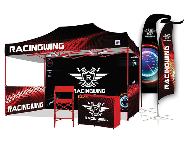 къстомизирани графики върху шатра Speed Shelter с брандирани флагове, стол и маса