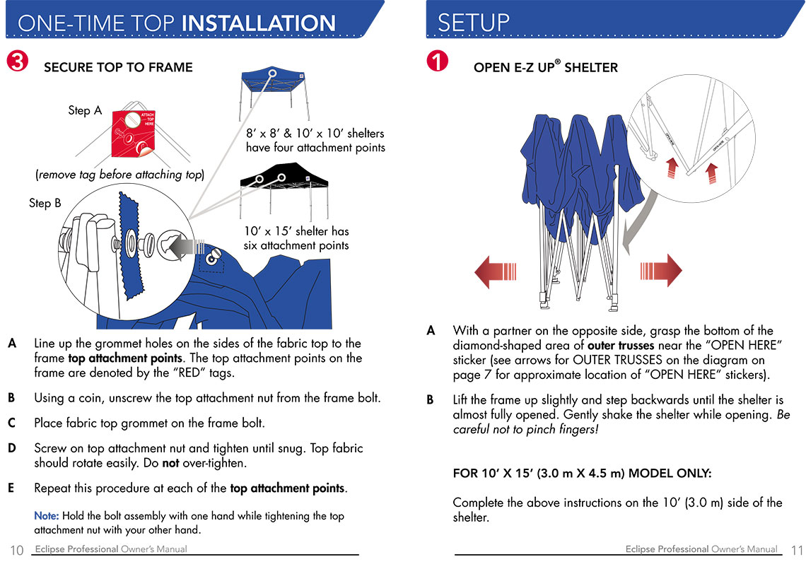 Ръководство за експлоатация шатри E-Z UP® Eclipse™ страница 10 и 11