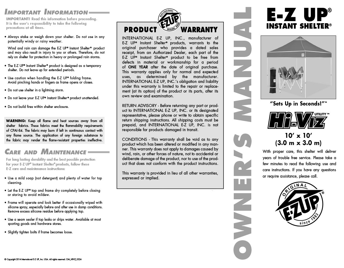 Шатра E-Z UP Hi-Viz® ръководство за потребителя страница 1