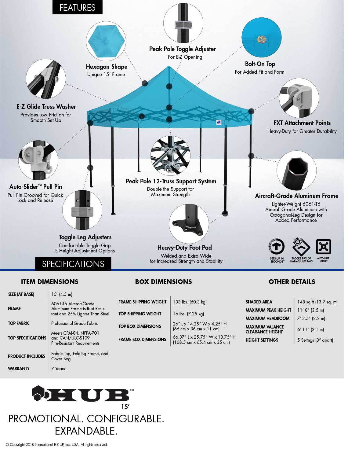 Професионална шестоъгълна шатра E-Z UP® HUB™ спецификации - страница 3