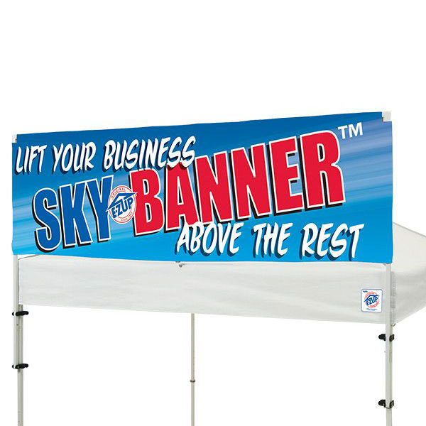 рекламeн билборд за шатри E-Z UP® Sky Banner™ монтиран върху бяла шатра