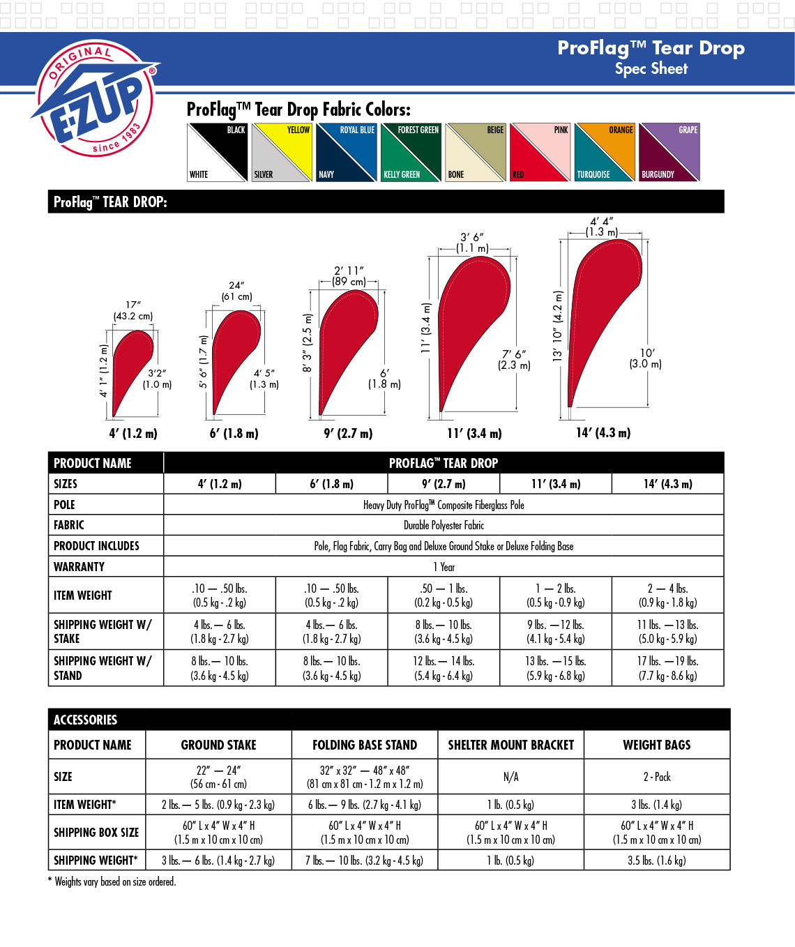 Спецификации професионалните флагове E-Z UP® Tear Drop - страница 2