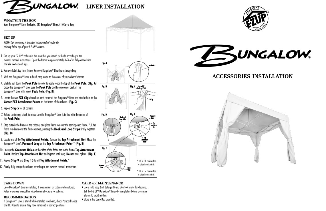 ръководство за инсталация на аксесоари към шатра Bungalow® Cabana - страница 1