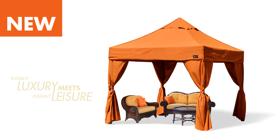 колаж с новата шатра Bungalow® Cabana в оранжево с обзавеждане