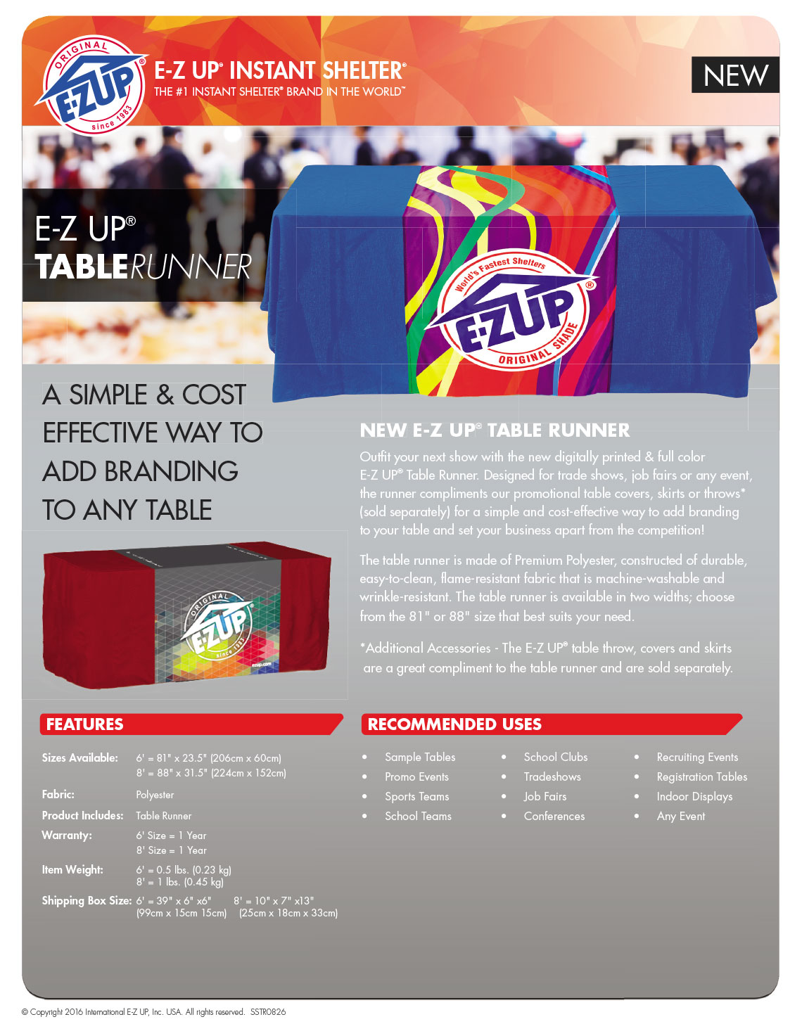 спецификации на рекламен тишлайфер за маса E-Z UP® Table Runner